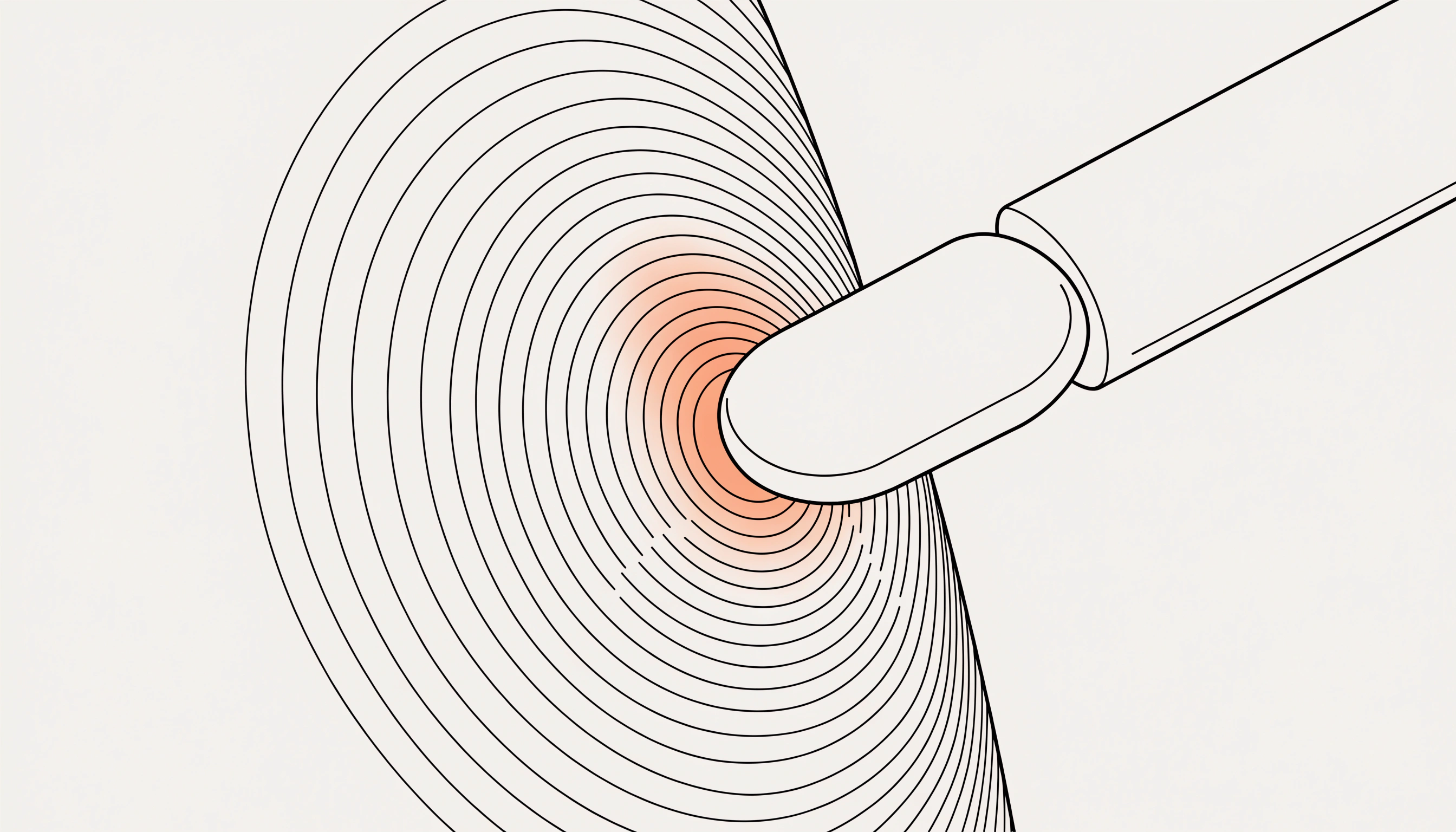 A robotic gripper fingertip touching a smooth object with fine ripple lines radiating outward from the contact point